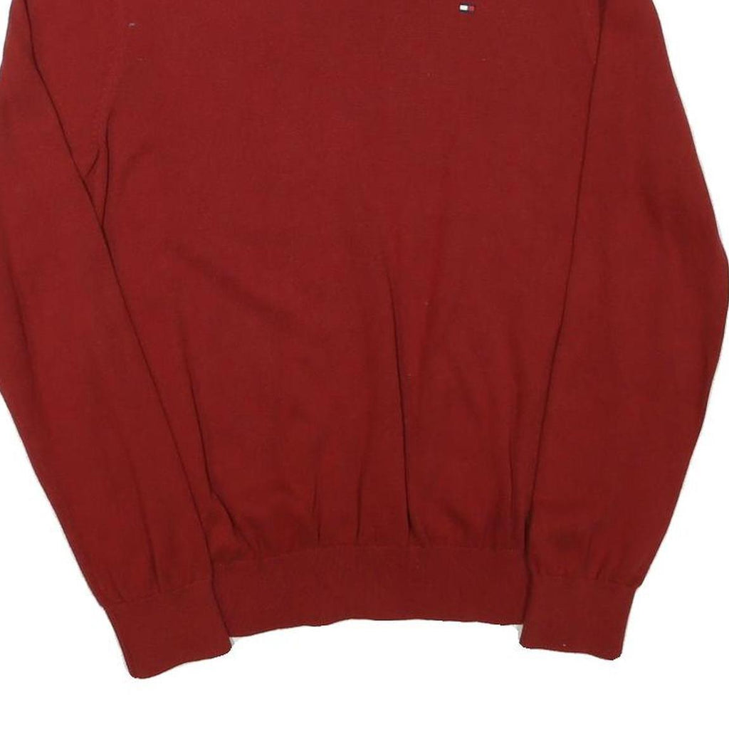 TOMMY HILFIGER Mens Red Plain Cotton Blend Jumper Crew Neck M Classic Knitwear