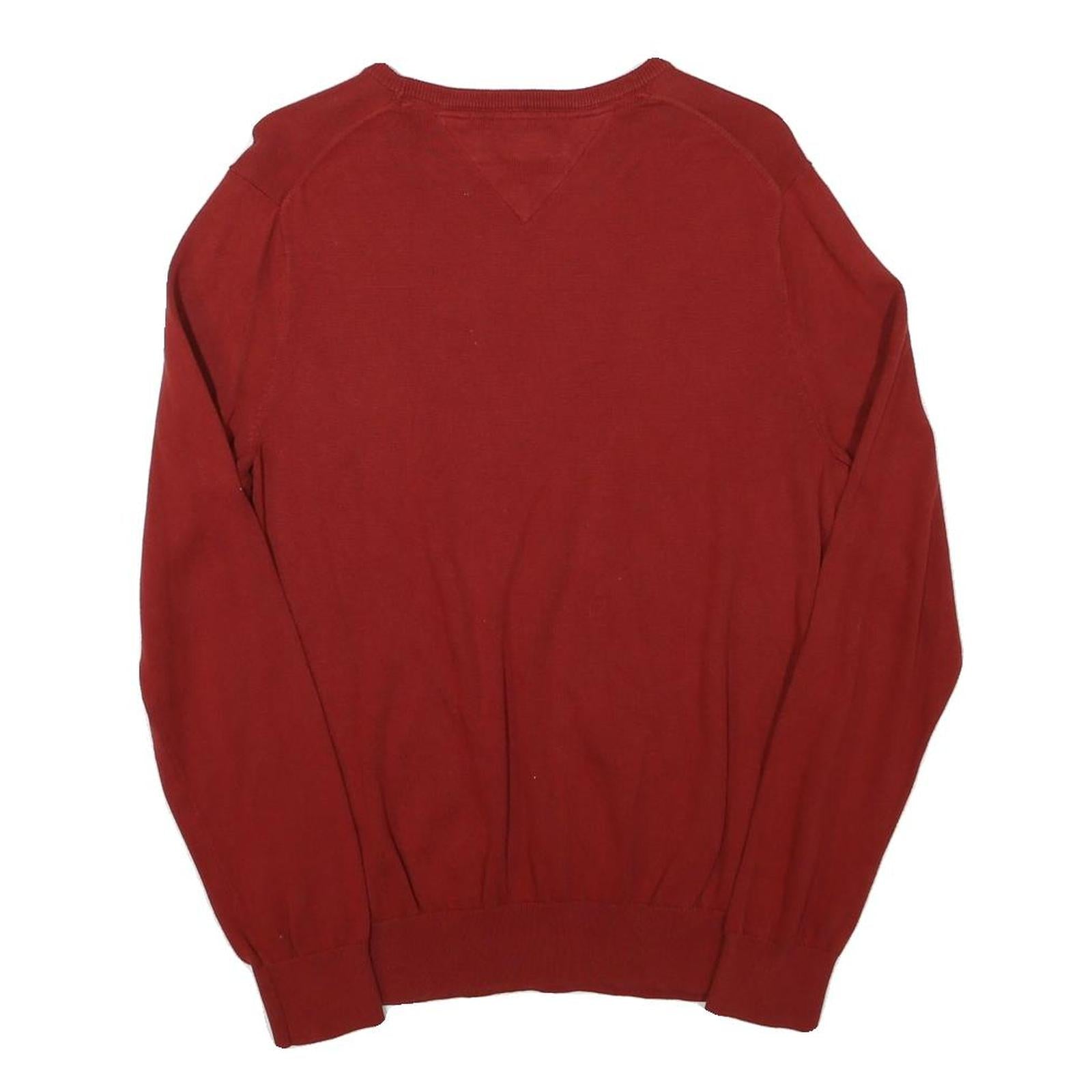 TOMMY HILFIGER Mens Red Plain Cotton Blend Jumper Crew Neck M Classic Knitwear