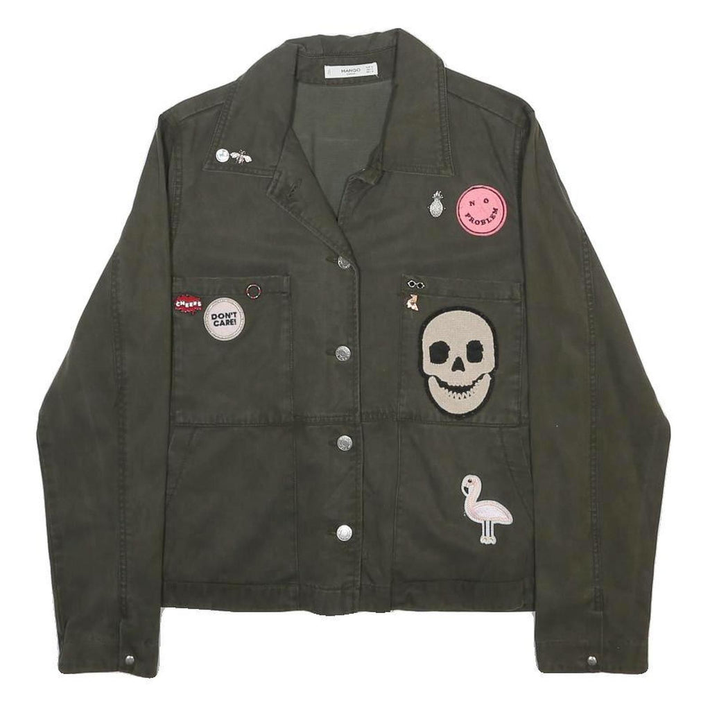 MANGO CASUAL Womens Green Cotton Blend Button Jacket M Skull Patch