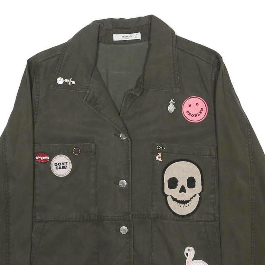 MANGO CASUAL Womens Green Cotton Blend Button Jacket M Skull Patch