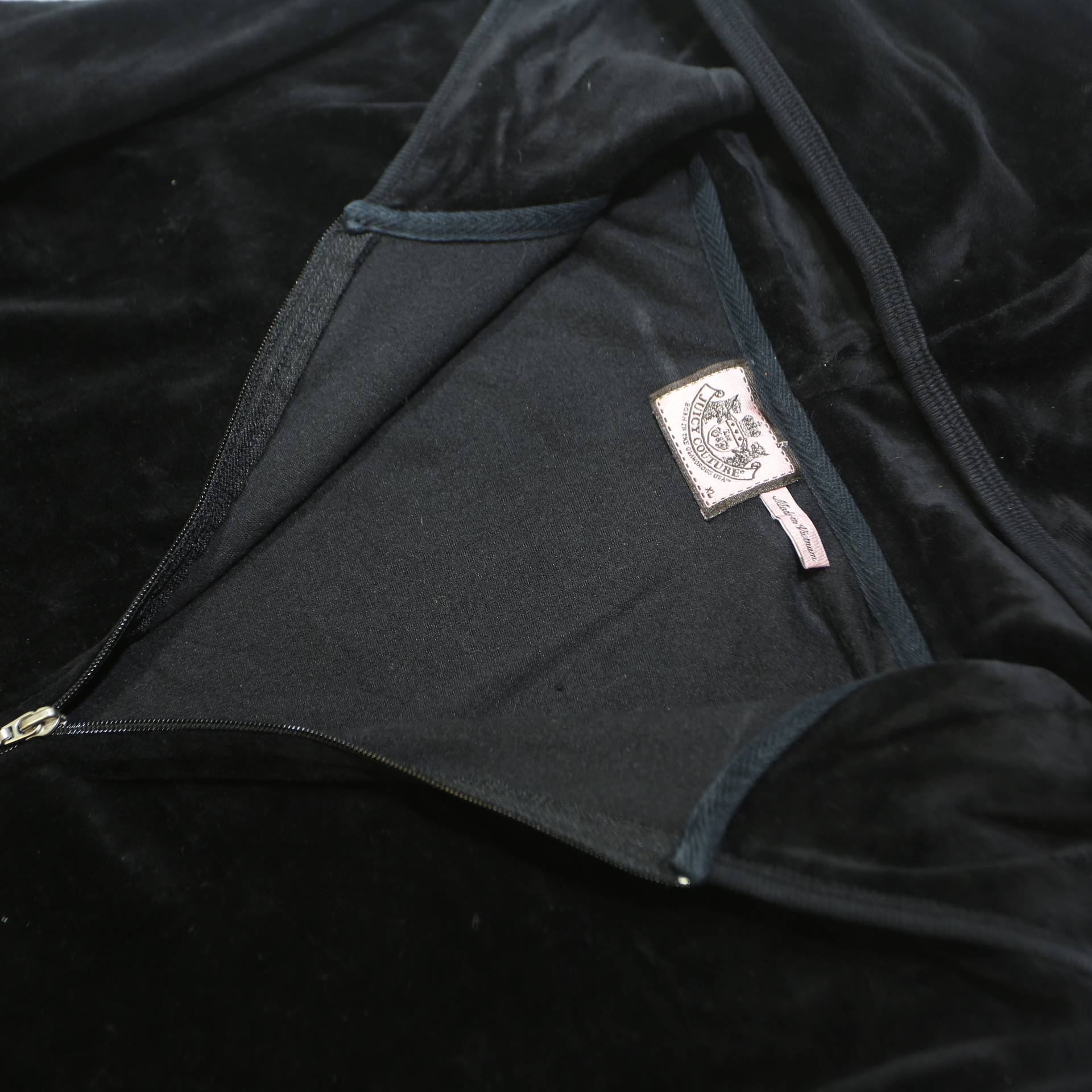 JUICY COUTURE Womens Black Velvet Zip Up Hoodie XL Polyester Blend Plain Zipped