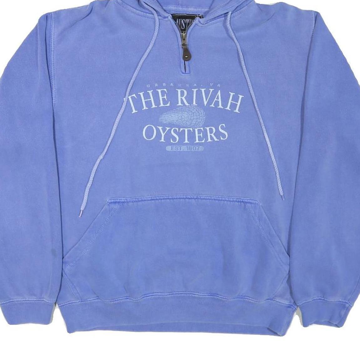 AUSTINS Mens Blue Pullover Hoodie S The Rivah Oysters Print ¼ Zip Cotton Blend