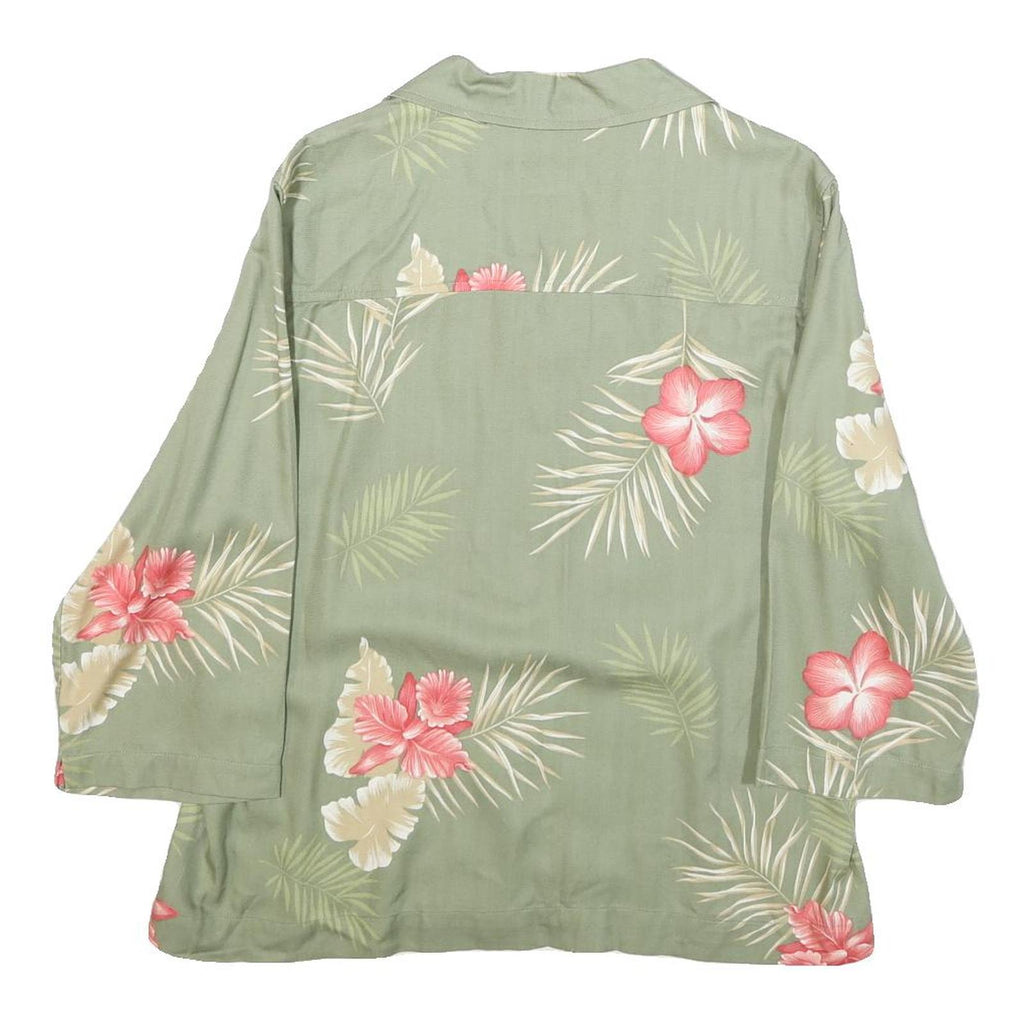 LA CABANA Womens Green & Pink Floral Rayon Shirt Long Sleeve Collared L Relaxed