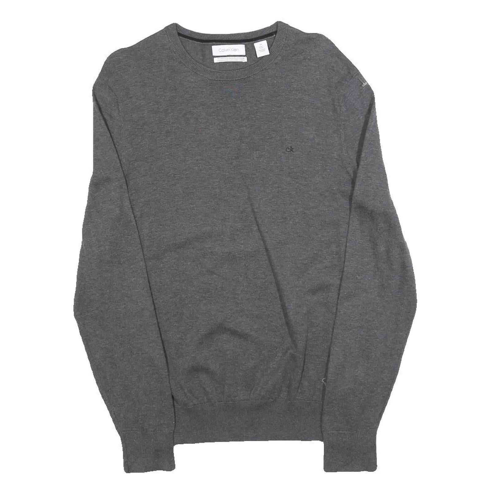 CALVIN KLEIN Mens Grey Plain Cotton Crew Neck Basic Knit Jumper S Soft Casual