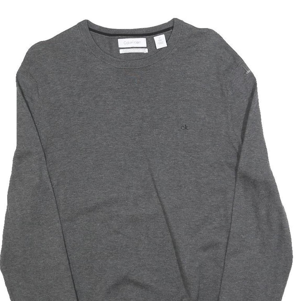 CALVIN KLEIN Mens Grey Plain Cotton Crew Neck Basic Knit Jumper S Soft Casual