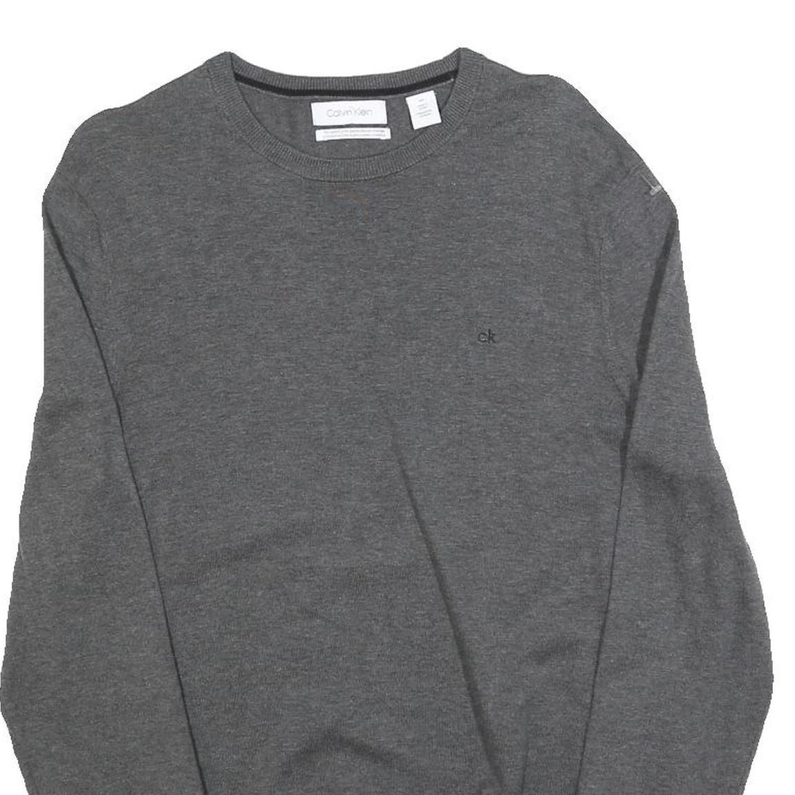 CALVIN KLEIN Mens Grey Plain Cotton Crew Neck Basic Knit Jumper S Soft Casual