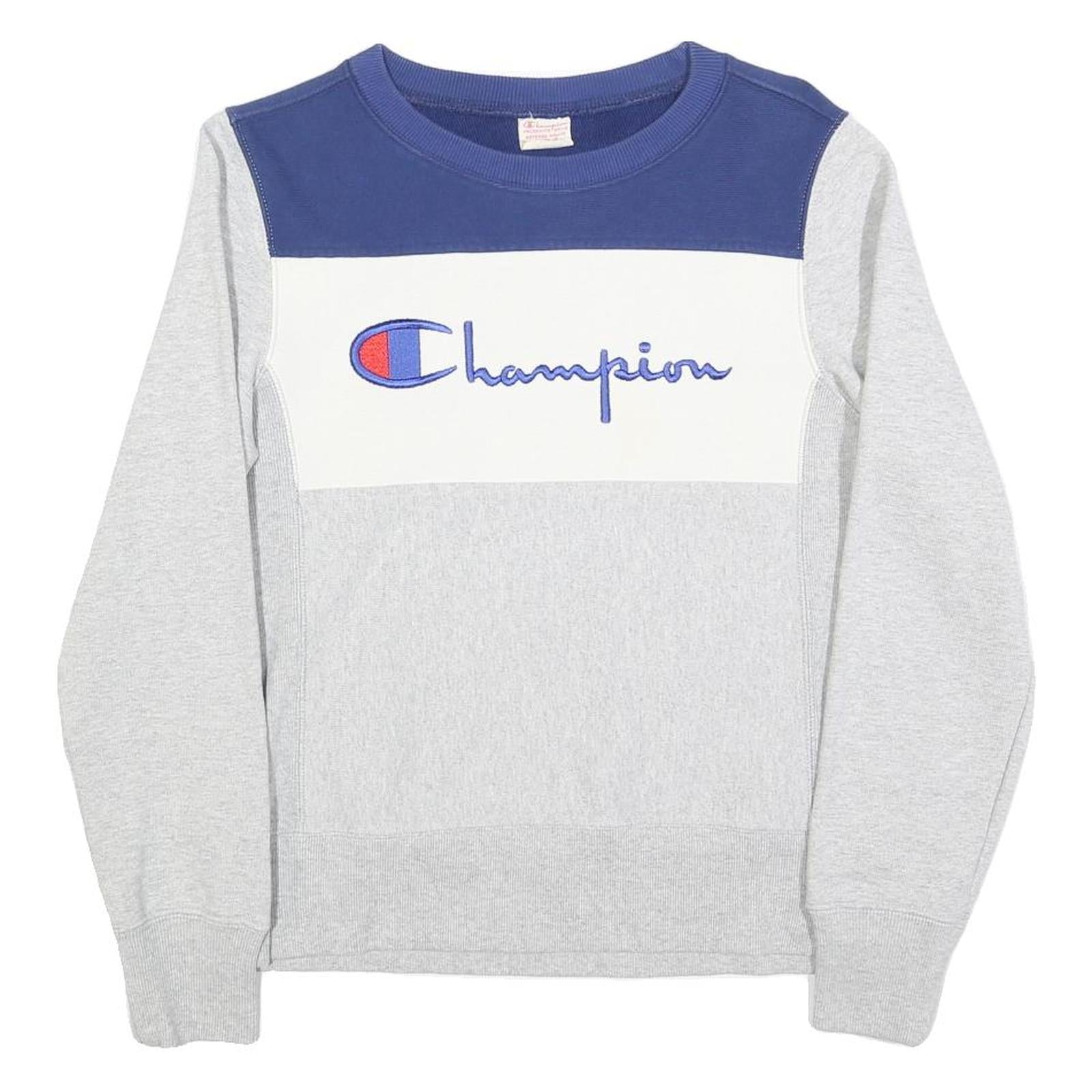 CHAMPION REVERSE WEAVE Mens Grey & Blue Logo Crew Neck S Sweatshirt