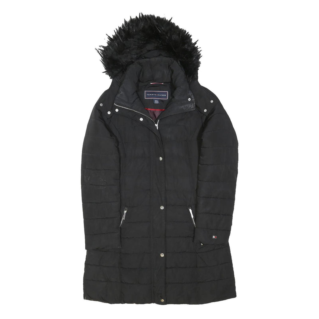 TOMMY HILFIGER Womens Black Quilted Jacket S Polyester Blend Zip Hooded Elegant