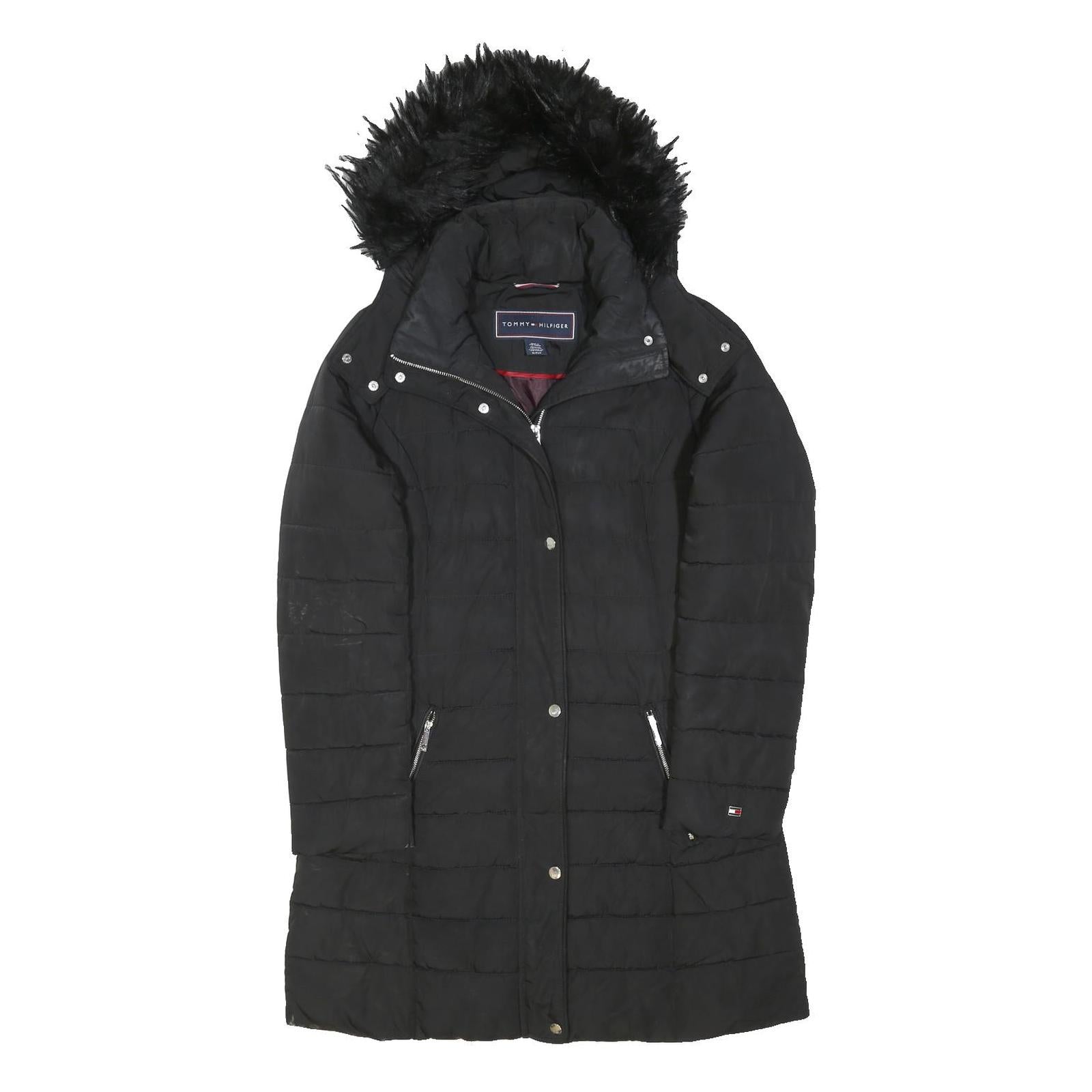 TOMMY HILFIGER Womens Black Quilted Jacket S Polyester Blend Zip Hooded Elegant