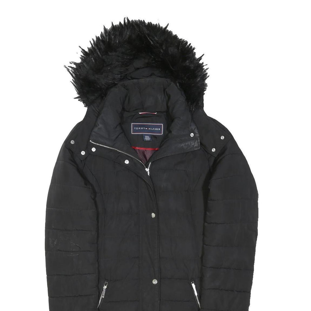 TOMMY HILFIGER Womens Black Quilted Jacket S Polyester Blend Zip Hooded Elegant