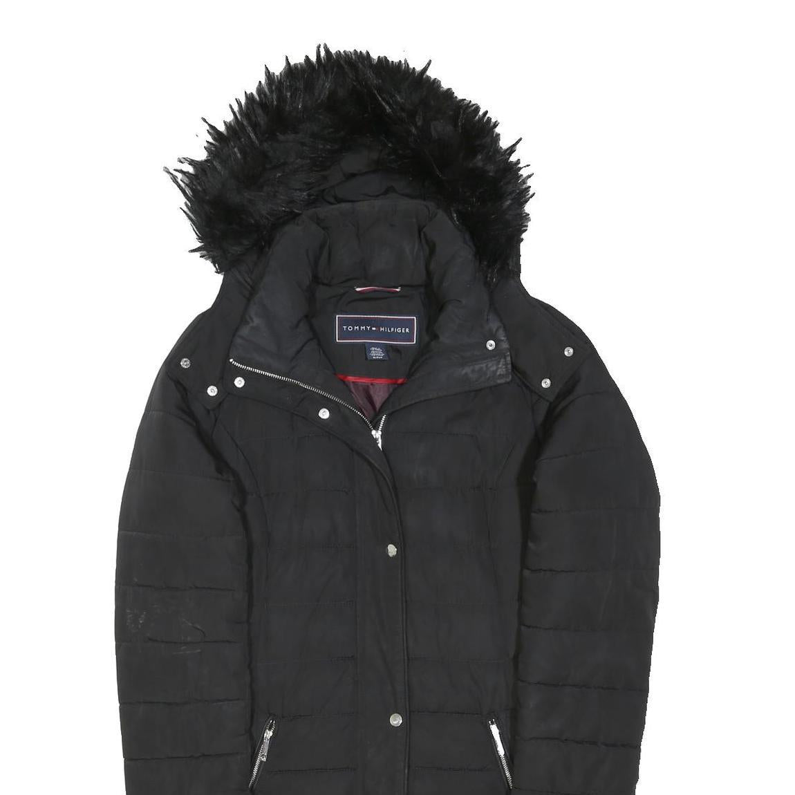 TOMMY HILFIGER Womens Black Quilted Jacket S Polyester Blend Zip Hooded Elegant