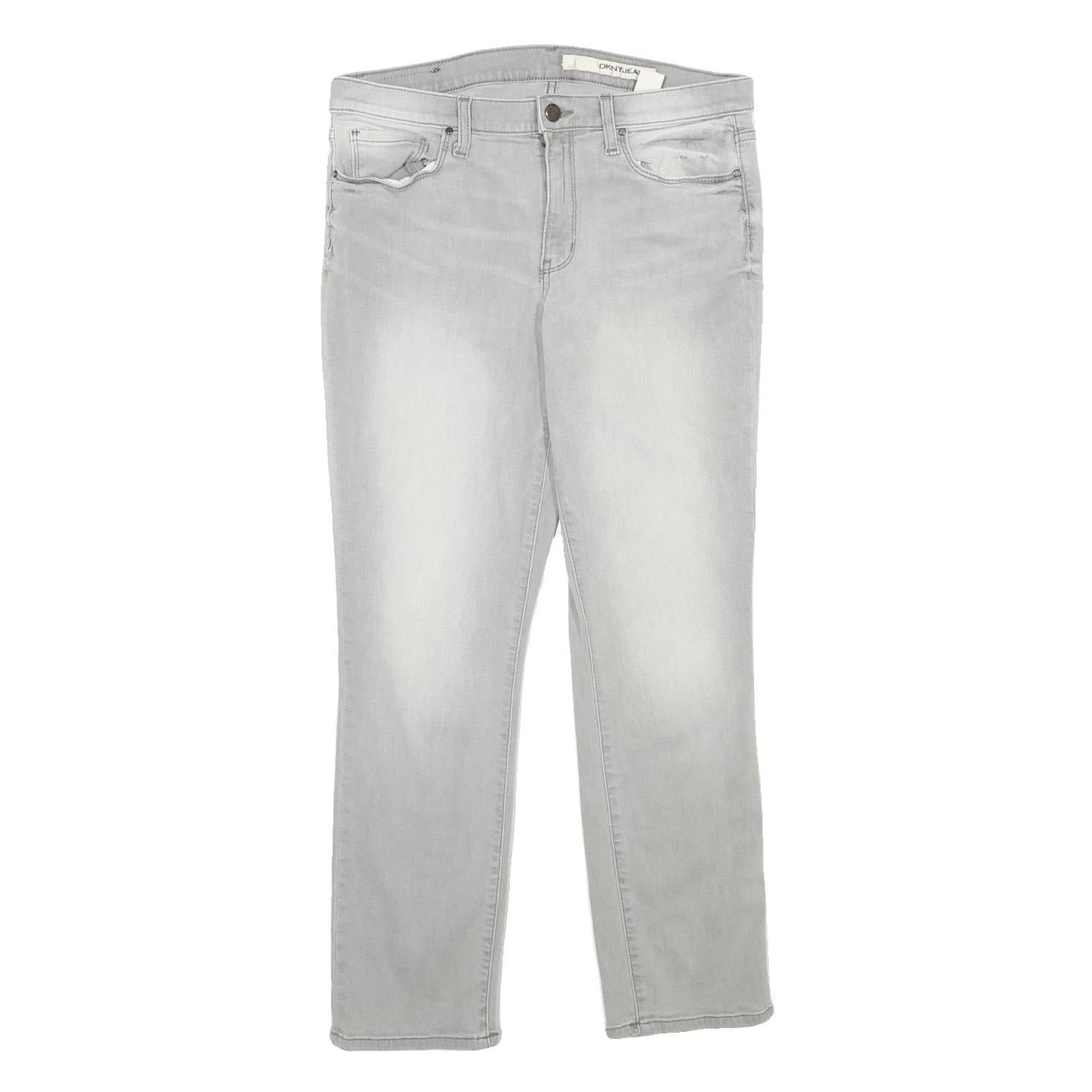 DKNY Womens Regular Fit Light Grey Denim Jeans Cotton Blend W32 L28 Stylish Zip