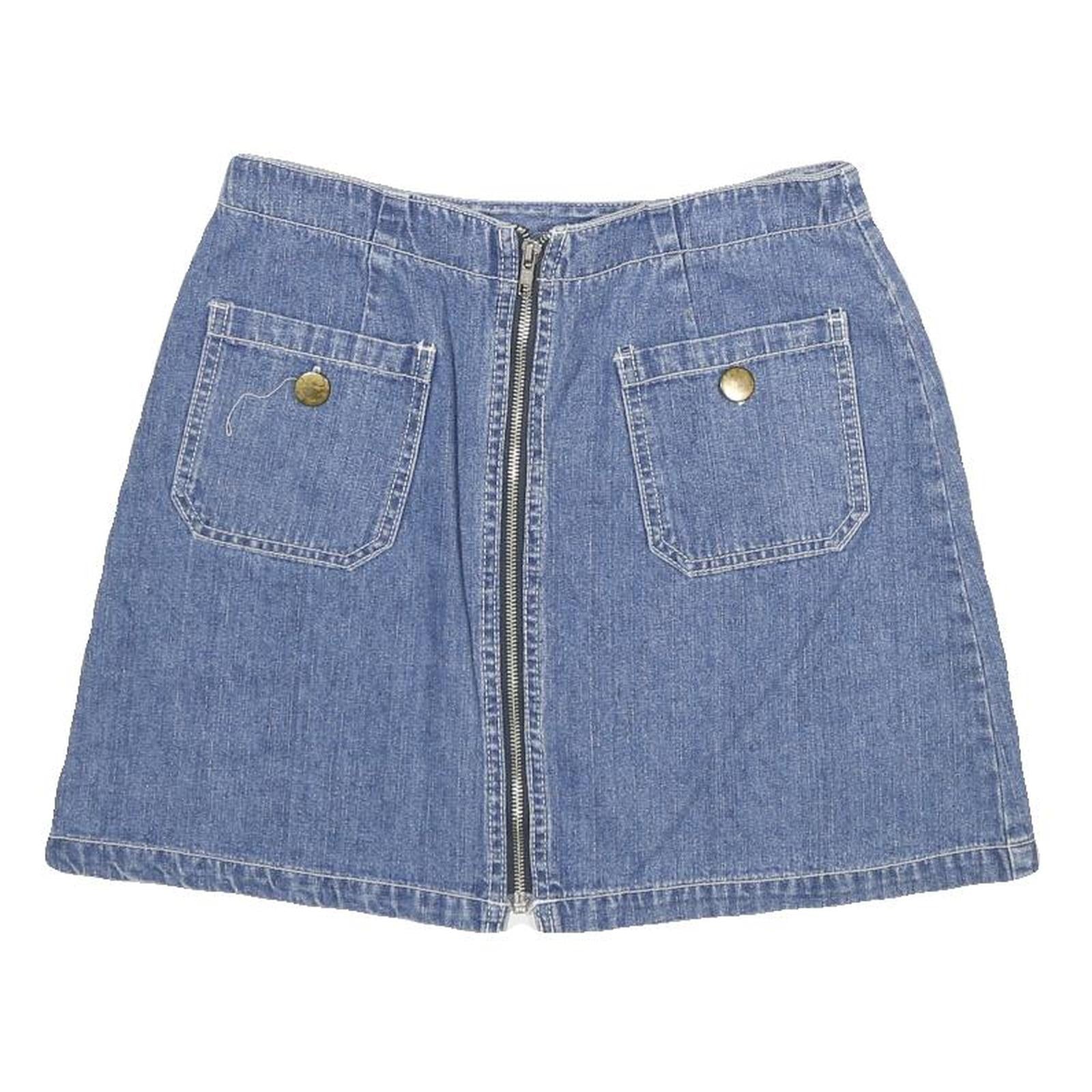 EXTRA Womens Blue Denim Mini Skirt Cotton Blend Zip Pockets Size S Casual