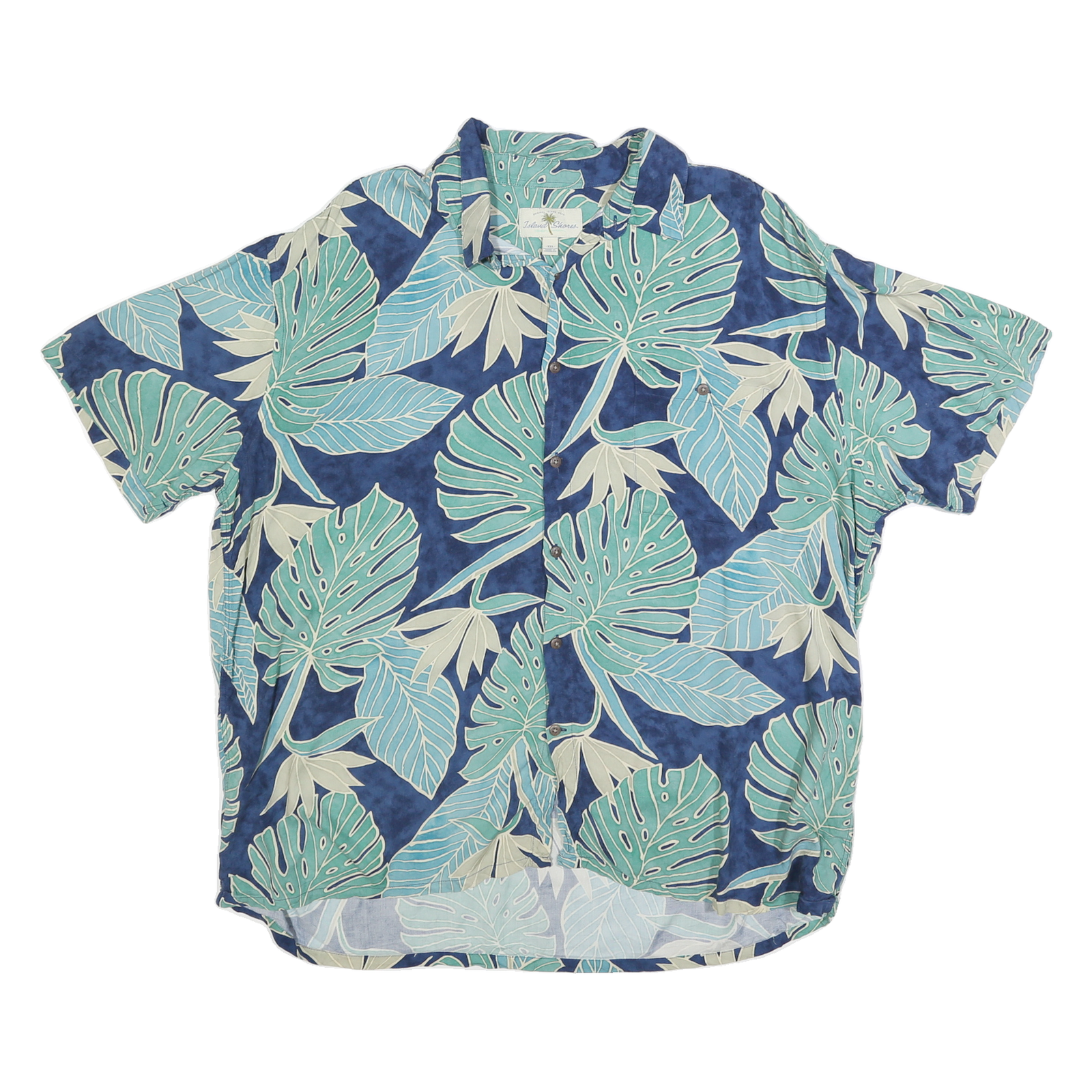 ISLAND SHORES Mens Blue Green Beige Tropical Leaf Print Cotton Blend Shirt 2XL