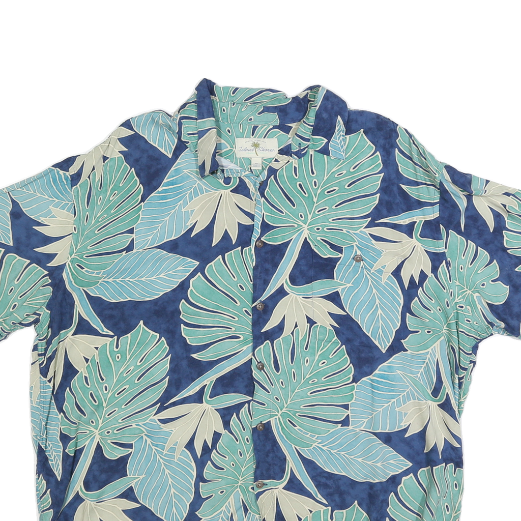 ISLAND SHORES Mens Blue Green Beige Tropical Leaf Print Cotton Blend Shirt 2XL