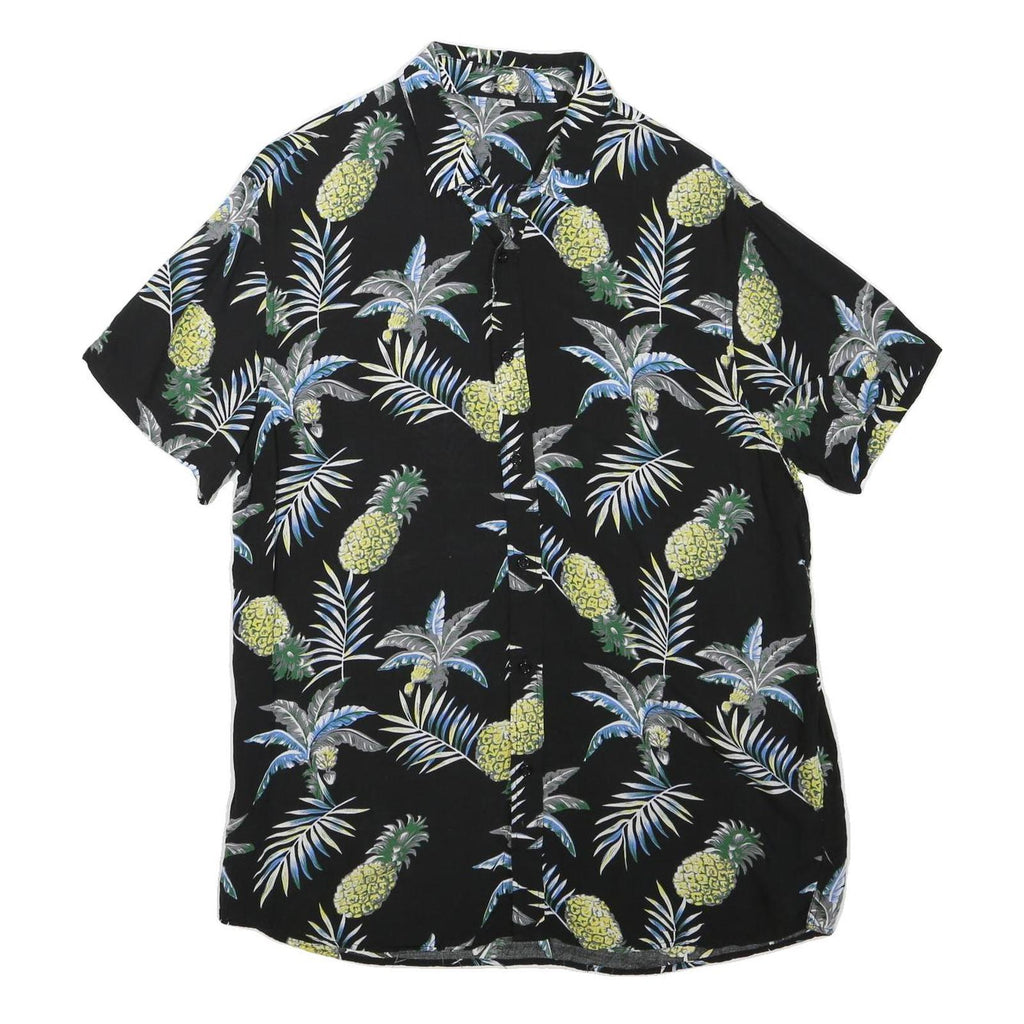 Mens Black & Yellow Pineapple Print Casual Shirt L Cotton Blend Short Sleeve