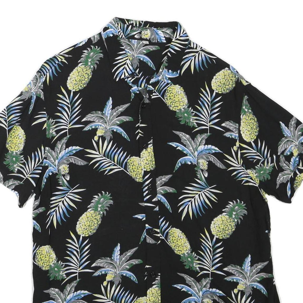 Mens Black & Yellow Pineapple Print Casual Shirt L Cotton Blend Short Sleeve