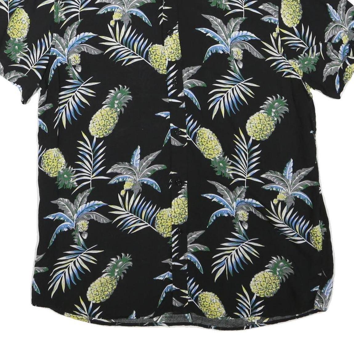 Mens Black & Yellow Pineapple Print Casual Shirt L Cotton Blend Short Sleeve