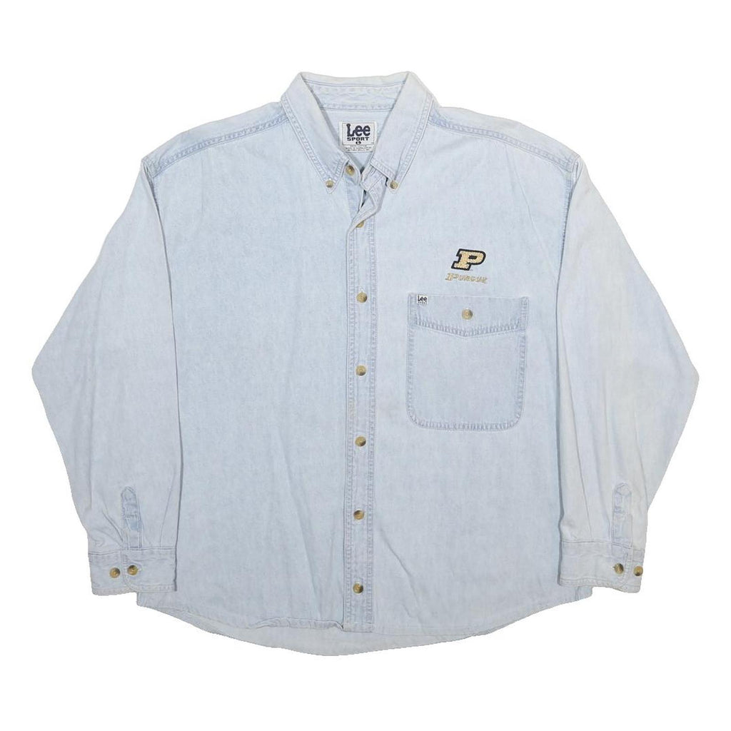 LEE Womens Blue Cotton Button Down Shirt L Embroidered Logo Casual Top