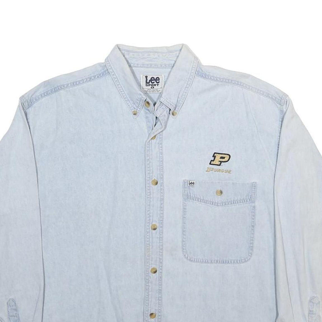 LEE Womens Blue Cotton Button Down Shirt L Embroidered Logo Casual Top