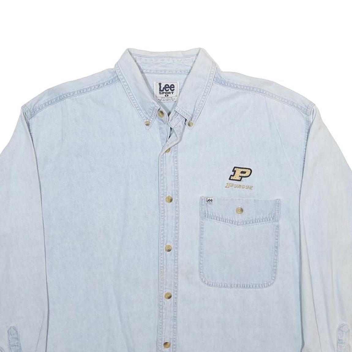 LEE Womens Blue Cotton Button Down Shirt L Embroidered Logo Casual Top