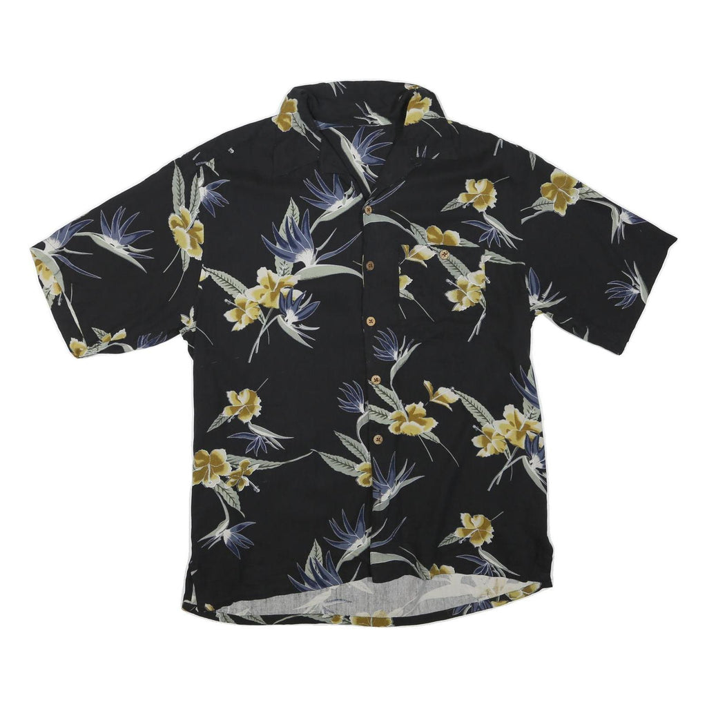 Mens Black Floral Cotton Blend Shirt M Casual Hawaiian Tropical Pattern