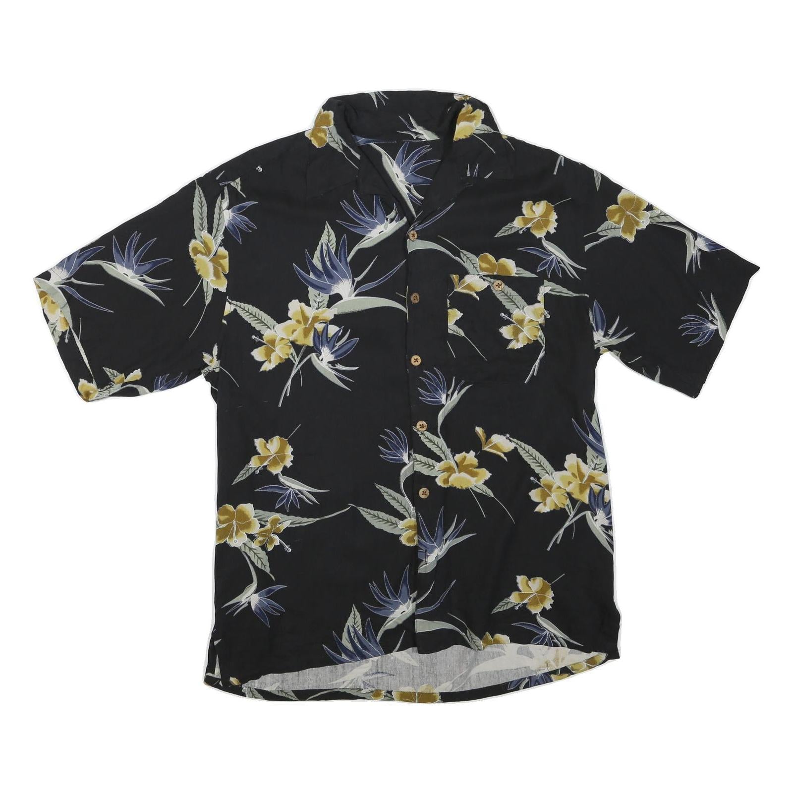 Mens Black Floral Cotton Blend Shirt M Casual Hawaiian Tropical Pattern