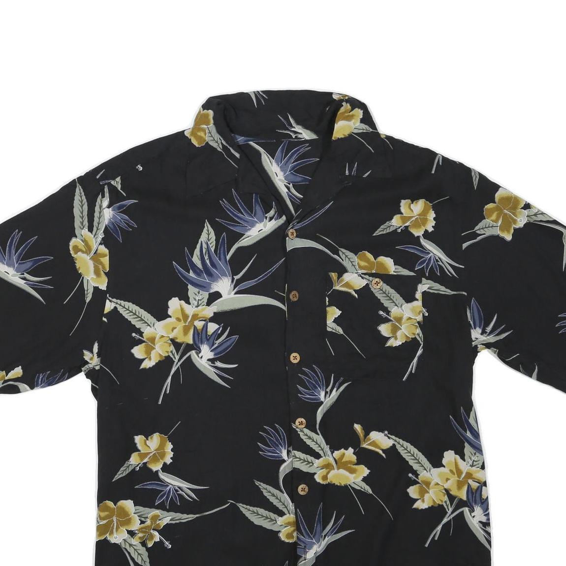 Mens Black Floral Cotton Blend Shirt M Casual Hawaiian Tropical Pattern