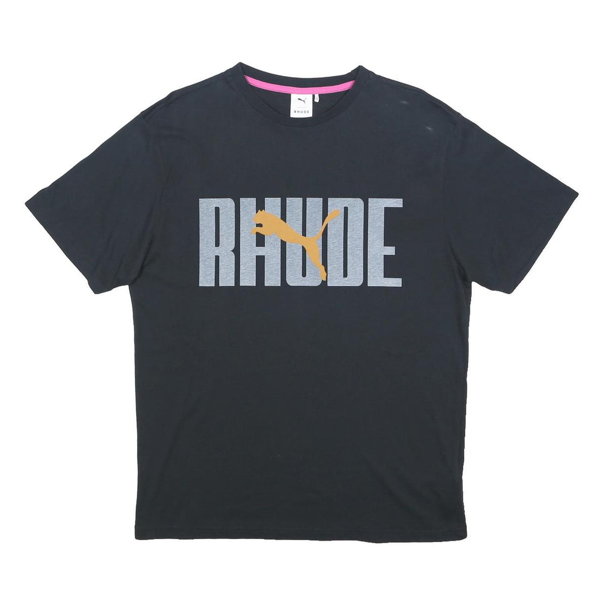 PUMA X RHUDE Mens Black Orange Logo Graphic T-Shirt S Short Sleeve Crew Neck