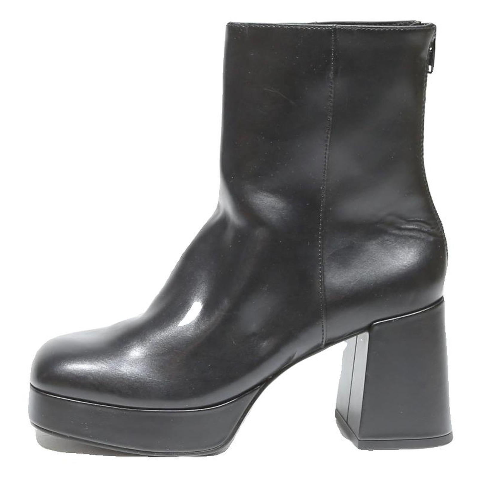 CHARLES & KEITH Womens Platform Ankle Boots Black Leather UK 3 Classic Style