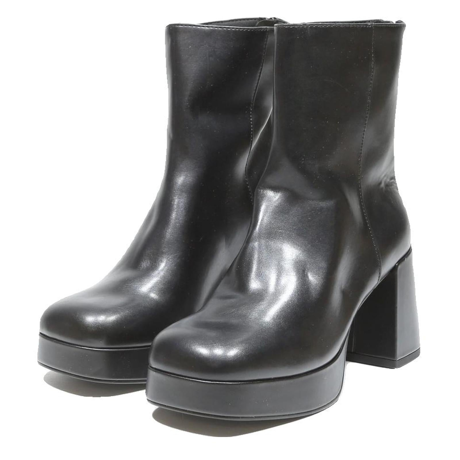 CHARLES & KEITH Womens Platform Ankle Boots Black Leather UK 3 Classic Style