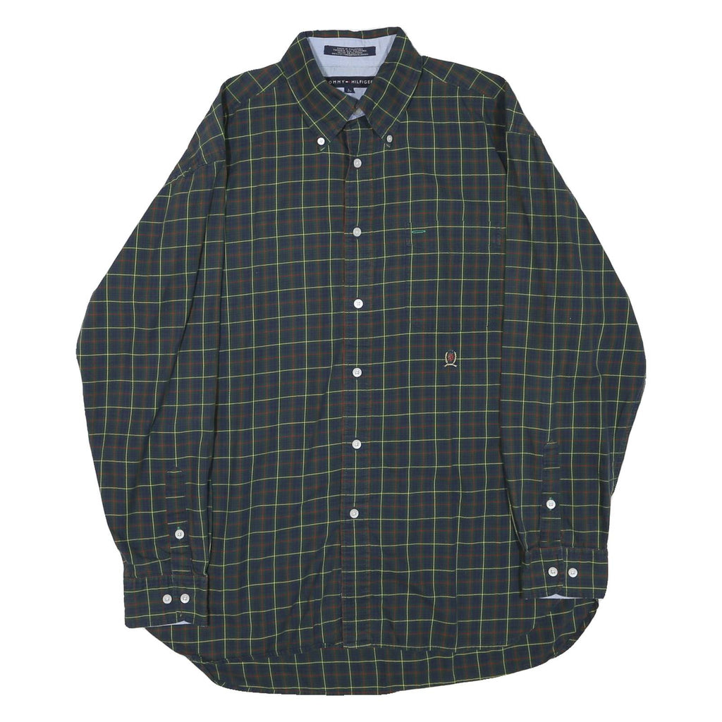 TOMMY HILFIGER Mens Green & Red Check Shirt L Classic Button Down Cotton Blend