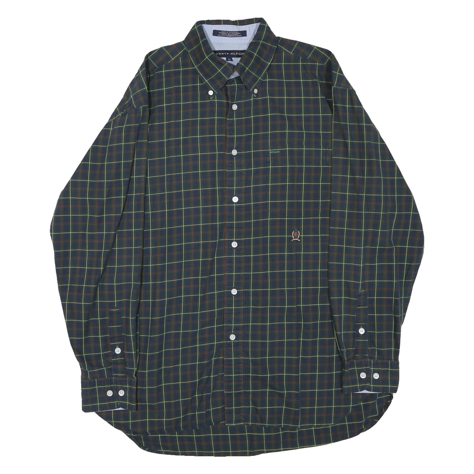 TOMMY HILFIGER Mens Green & Red Check Shirt L Classic Button Down Cotton Blend