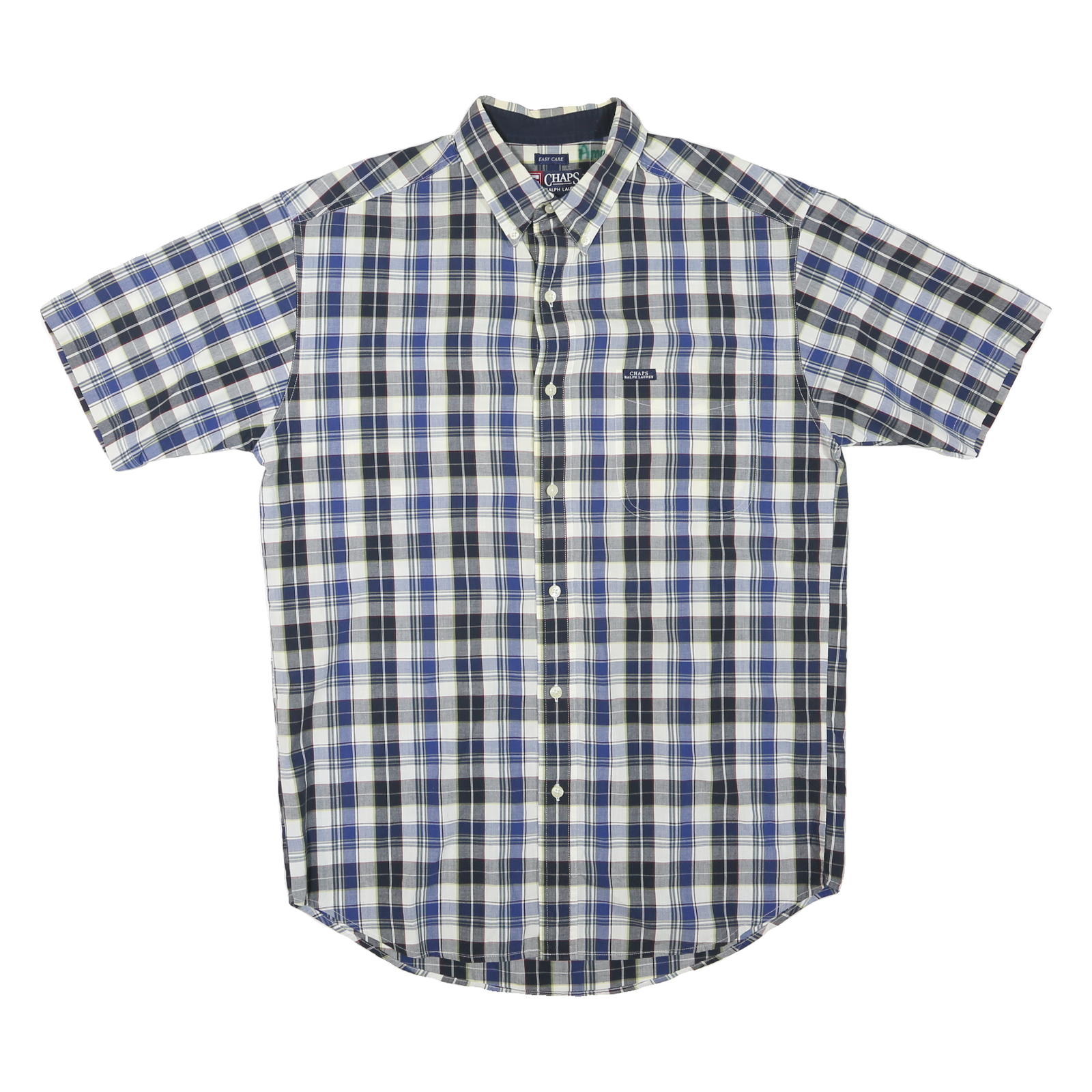 CHAPS Mens Blue White Plaid Cotton Blend Shirt L Button Short Sleeve Casual