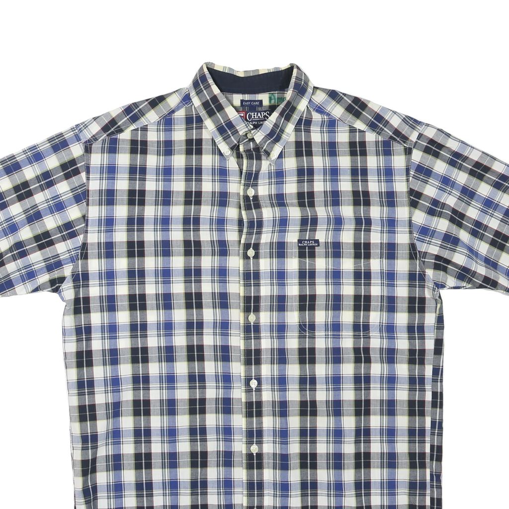 CHAPS Mens Blue White Plaid Cotton Blend Shirt L Button Short Sleeve Casual