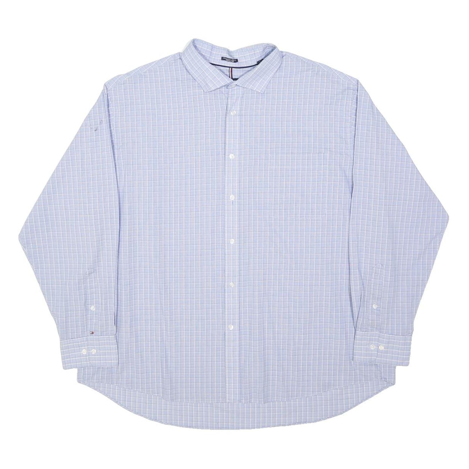 TOMMY HILFIGER Mens Blue Check Shirt 2XL Cotton Blend Long Sleeve Casual Formal