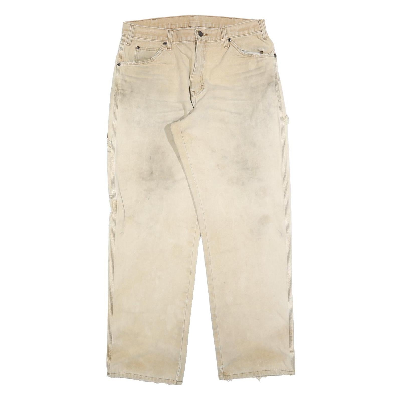DICKIES Mens Jeans Beige Regular Straight Denim W33 L32 Workwear Utility Zip