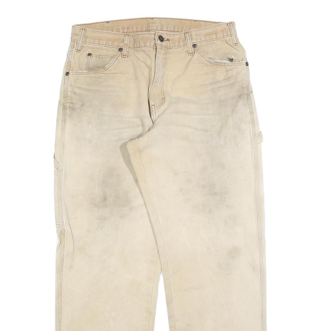 DICKIES Mens Jeans Beige Regular Straight Denim W33 L32 Workwear Utility Zip
