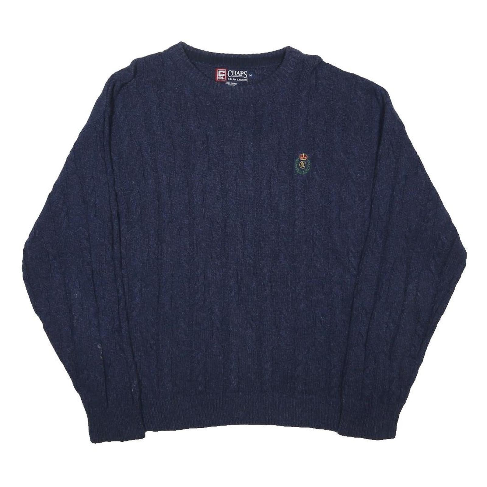 CHAPS Mens Blue Jumper Patterned Crew Neck Cable Knit M Cotton Blend Classic