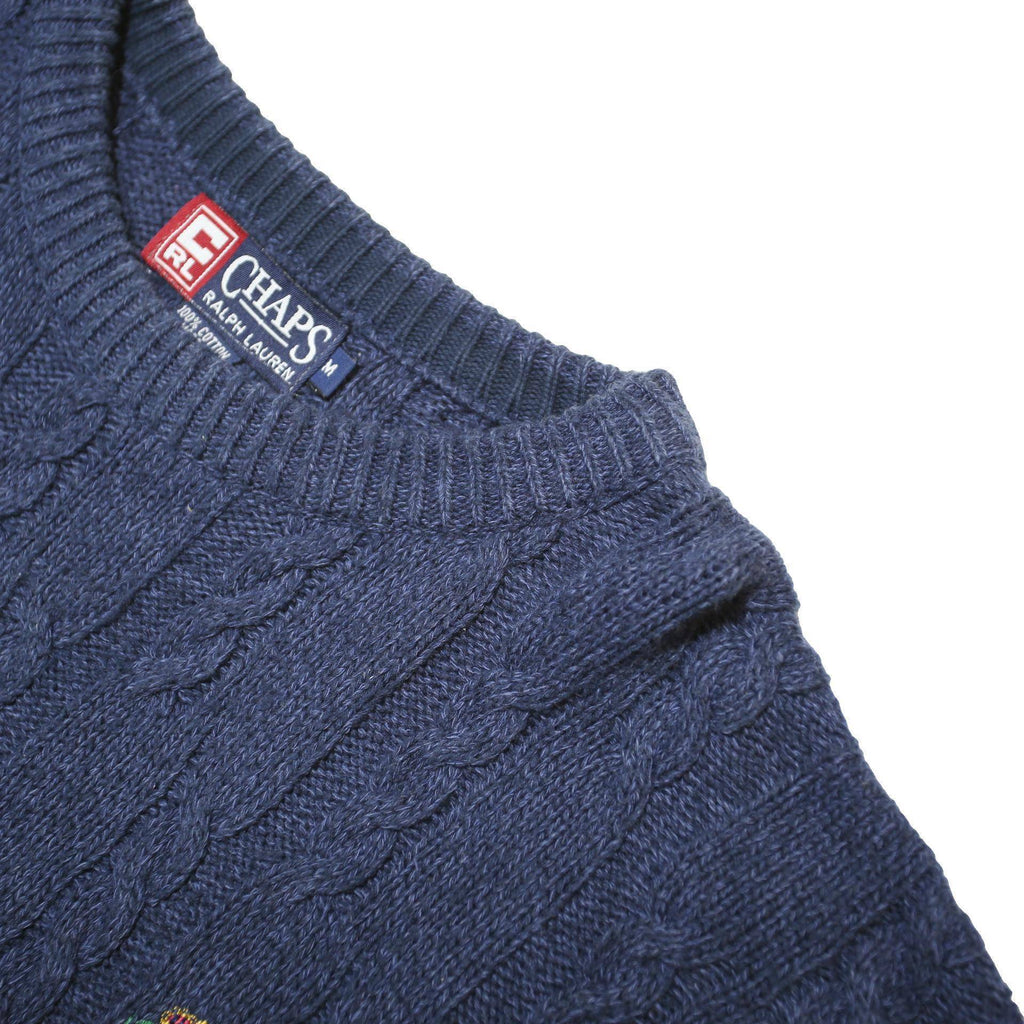 CHAPS Mens Blue Jumper Patterned Crew Neck Cable Knit M Cotton Blend Classic