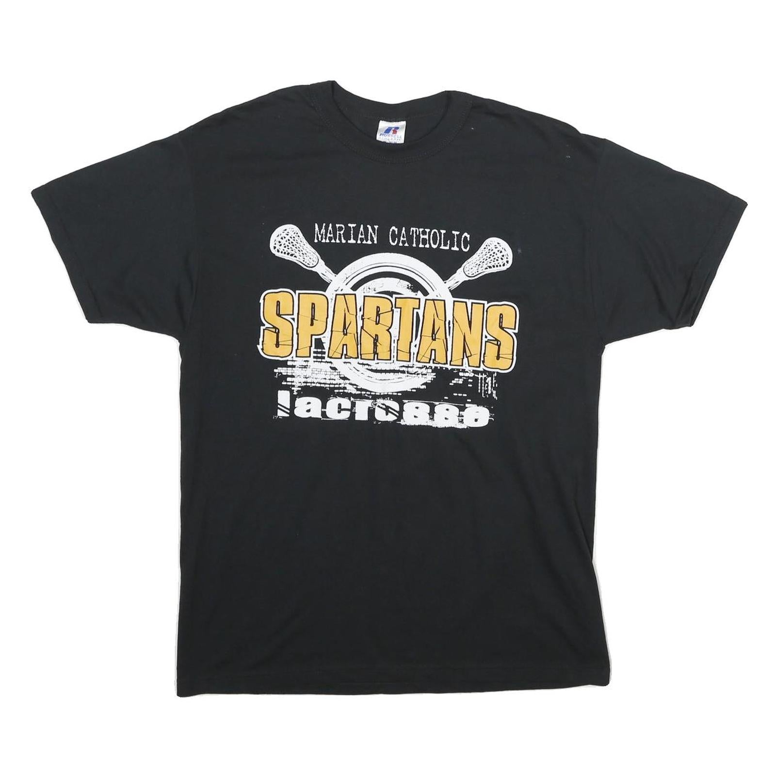 RUSSELL ATHLETIC Mens Black Marian Catholic Spartans Graphic T-Shirt M Short