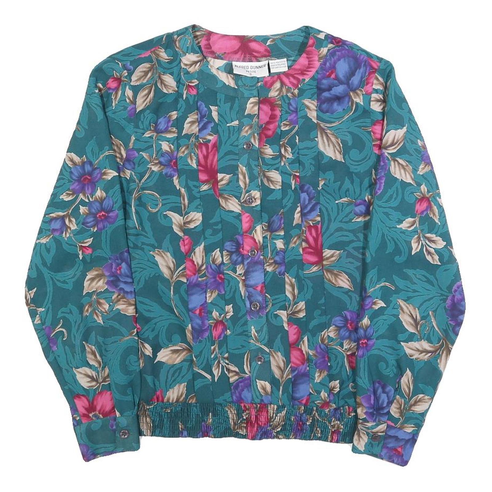 ALFRED DUNNER Womens Green Floral Printed Blouse Long Sleeve Round Neck S