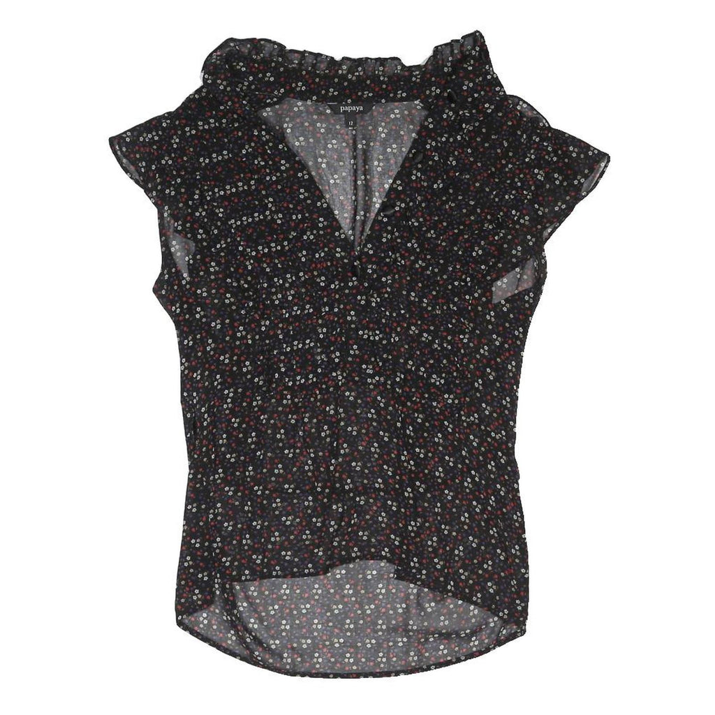 PAPAYA Womens Black Printed Blouse Short Sleeve V-Neck UK 12 Floral