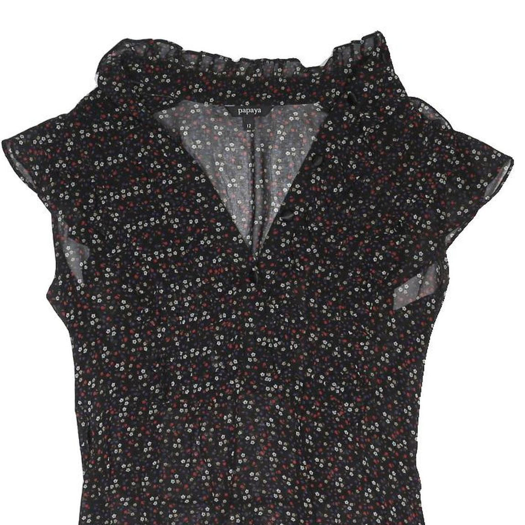PAPAYA Womens Black Printed Blouse Short Sleeve V-Neck UK 12 Floral