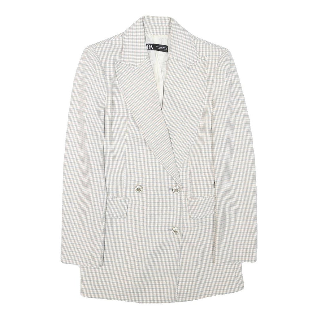 ZARA Womens White & Blue Checked Double Breasted Blazer Jacket XS Polyester