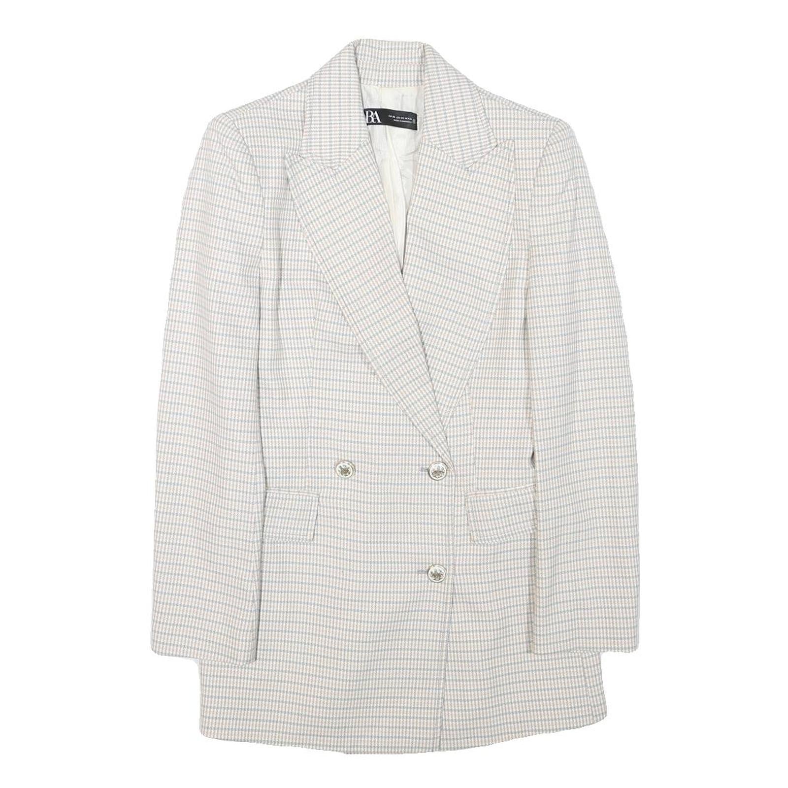ZARA Womens White & Blue Checked Double Breasted Blazer Jacket XS Polyester