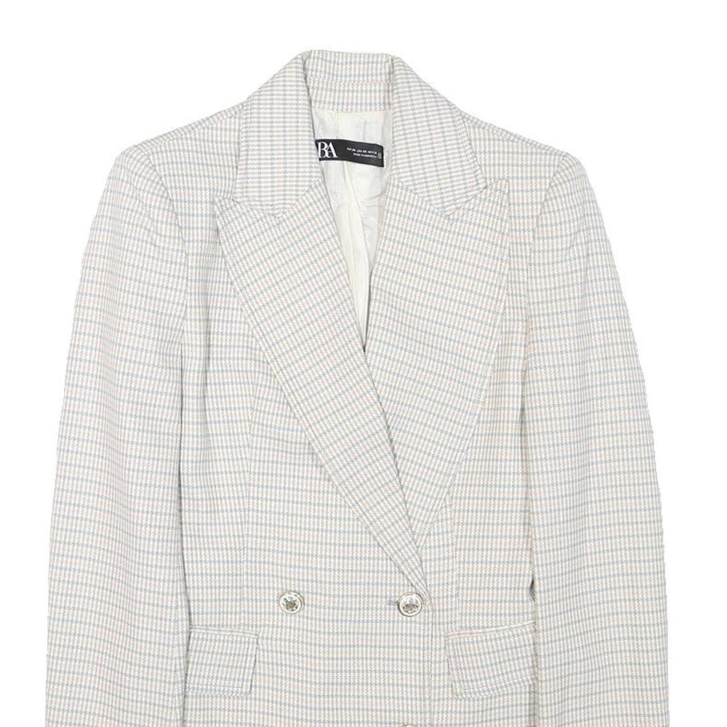 ZARA Womens White & Blue Checked Double Breasted Blazer Jacket XS Polyester