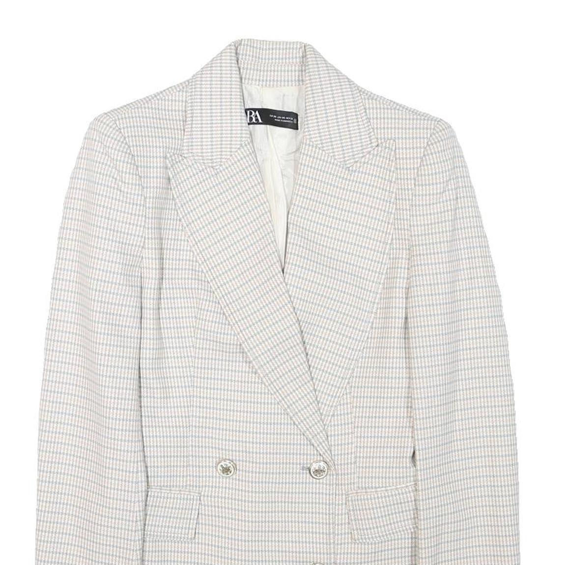 ZARA Womens White & Blue Checked Double Breasted Blazer Jacket XS Polyester