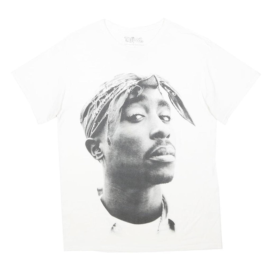 TUPAC Mens White Graphic T-Shirt M Short Sleeve Crew Neck Cotton Music Icon