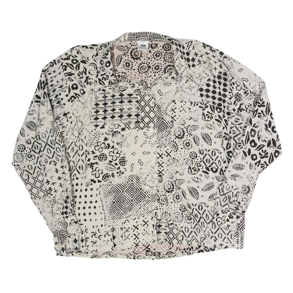 TRUE Womens Cream Black Printed Blouse Long Sleeve Collared M Polyester Blend